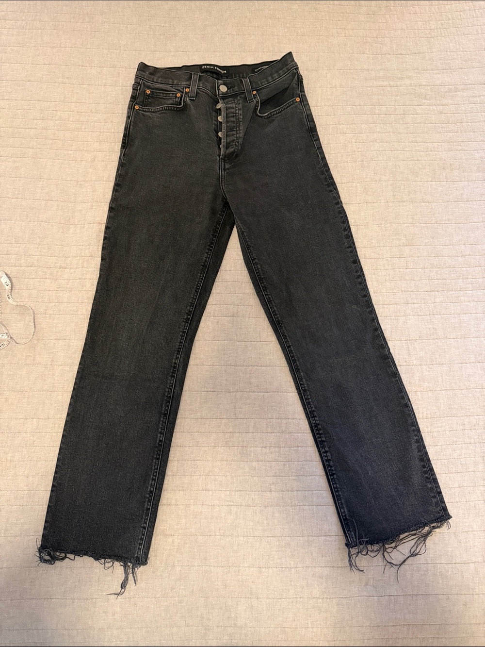 Denim Forum Faded Black High-Rise Straight Jeans with Raw Hem